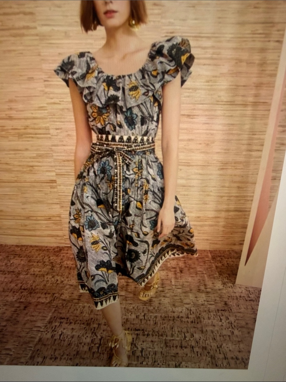 Ulla Johnson Amira tie belt cotton Floral Midi Dress in green, Teal, Black